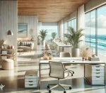 DALL·E 2024-11-22 09.32.45 - A modern coastal Rhode Island office interior kept fresh and clean year-round. The space features large windows with ocean views, a sleek desk with po